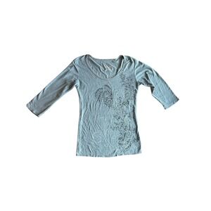 Y2K Style Gray Floral Embellished Scoop Neck 3/4 Sleeve Knit Top